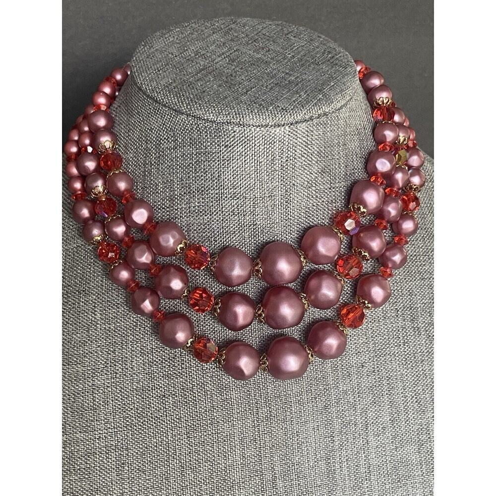 Vintage ART Womens Necklace Earrings Set Red Acrylic Retro Layered Adjustable